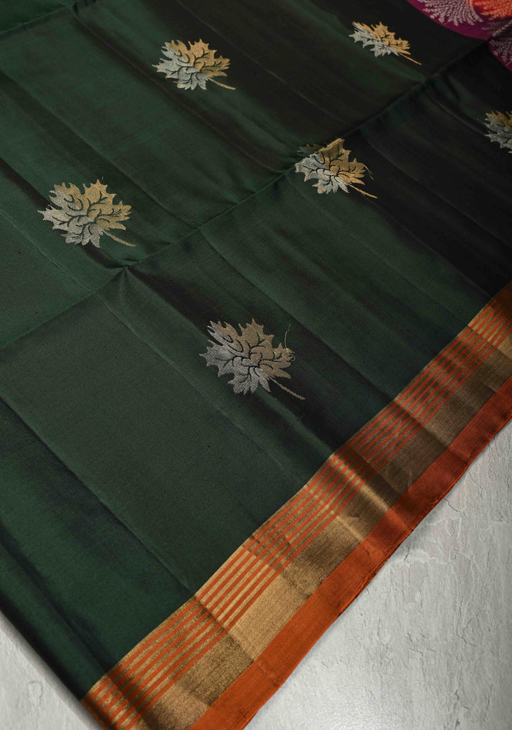 Deep Forest Green Pure Kanjivaram Soft Silk Saree with Gold-Silver Leaf Buttas and Contrast Wide Checks Border | SILK MARK CERTIFIED
