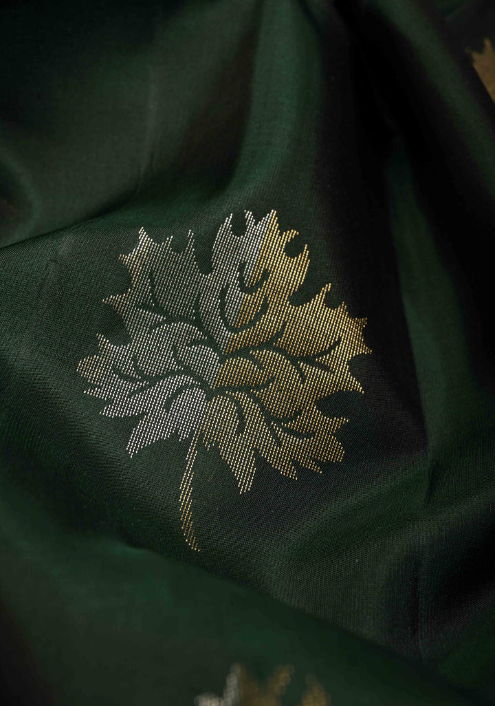 Deep Forest Green Pure Kanjivaram Soft Silk Saree with Gold-Silver Leaf Buttas and Contrast Wide Checks Border | SILK MARK CERTIFIED