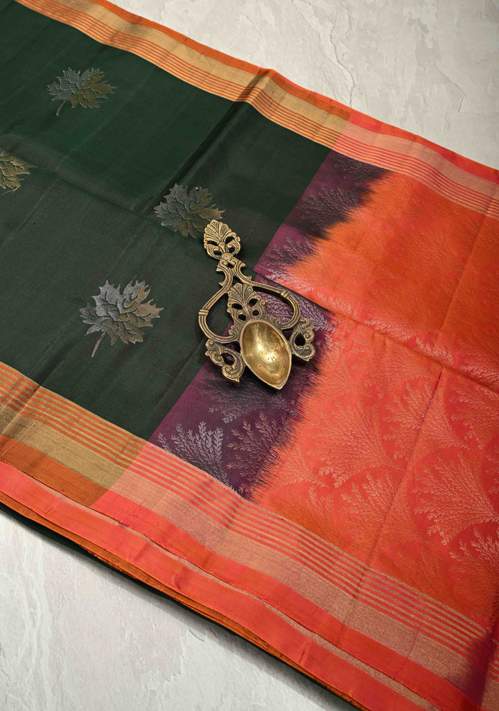 Deep Forest Green Pure Kanjivaram Soft Silk Saree with Gold-Silver Leaf Buttas and Contrast Wide Checks Border | SILK MARK CERTIFIED