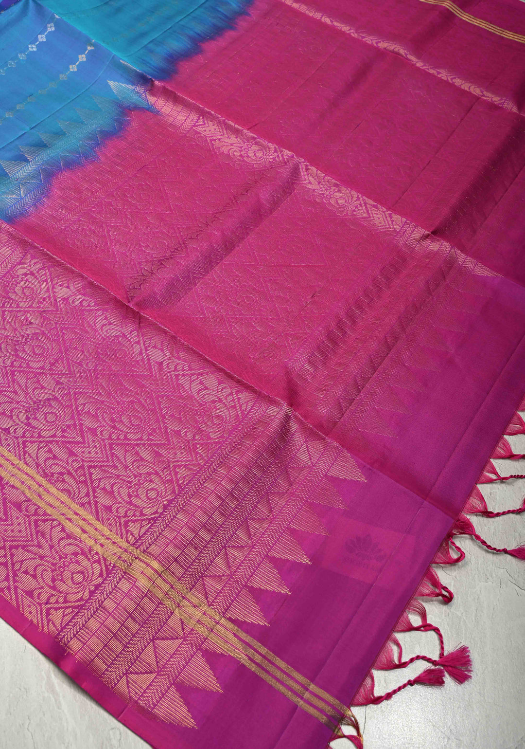 Aegean Blue Dual Tone Pure Kanjivaram Soft Silk Saree with Zari Stripes and Contrast Magenta Border | SILK MARK CERTIFIED