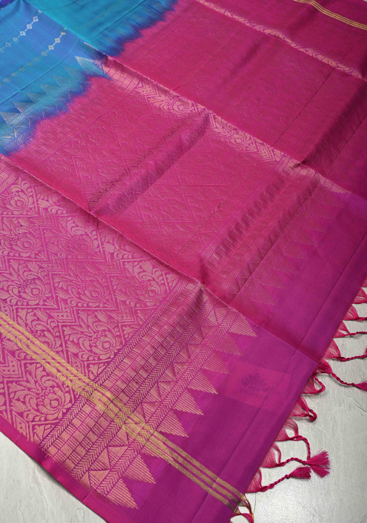 Aegean Blue Dual Tone Pure Kanjivaram Soft Silk Saree with Zari Stripes and Contrast Magenta Border | SILK MARK CERTIFIED