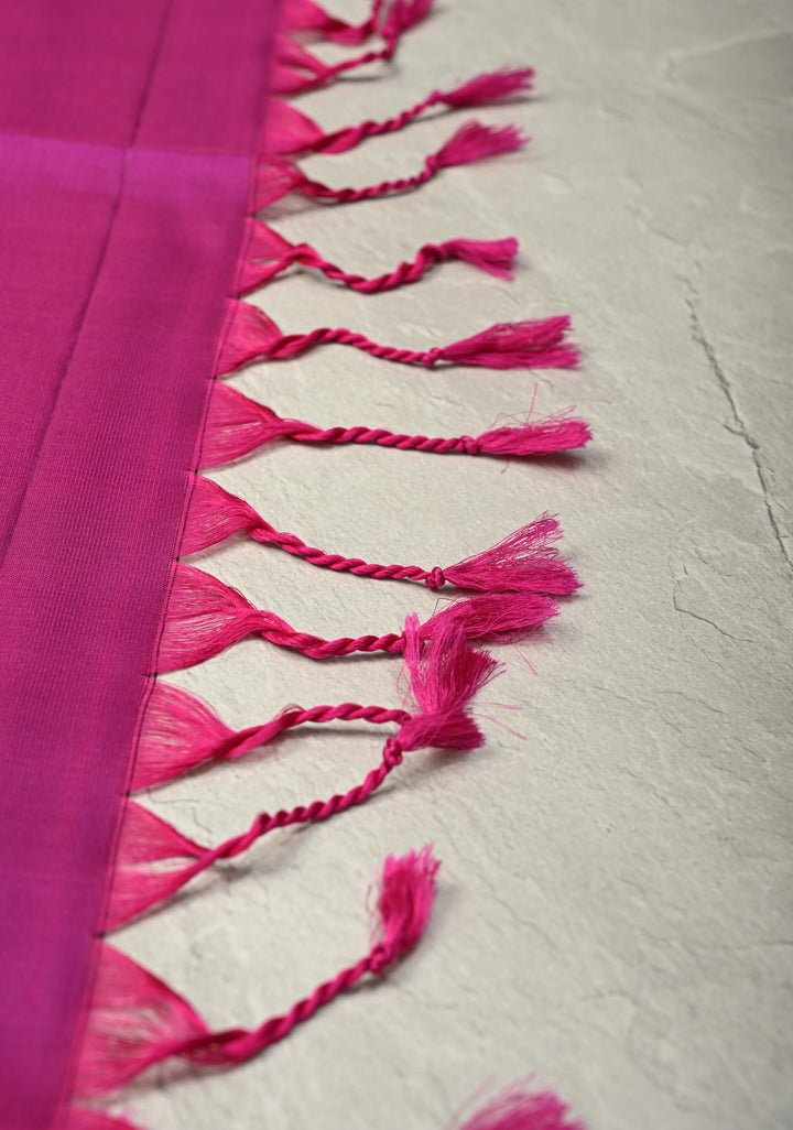 Aegean Blue Dual Tone Pure Kanjivaram Soft Silk Saree with Zari Stripes and Contrast Magenta Border | SILK MARK CERTIFIED