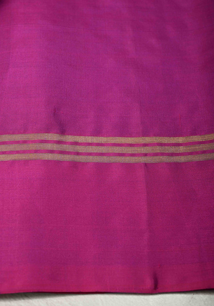 Aegean Blue Dual Tone Pure Kanjivaram Soft Silk Saree with Zari Stripes and Contrast Magenta Border | SILK MARK CERTIFIED