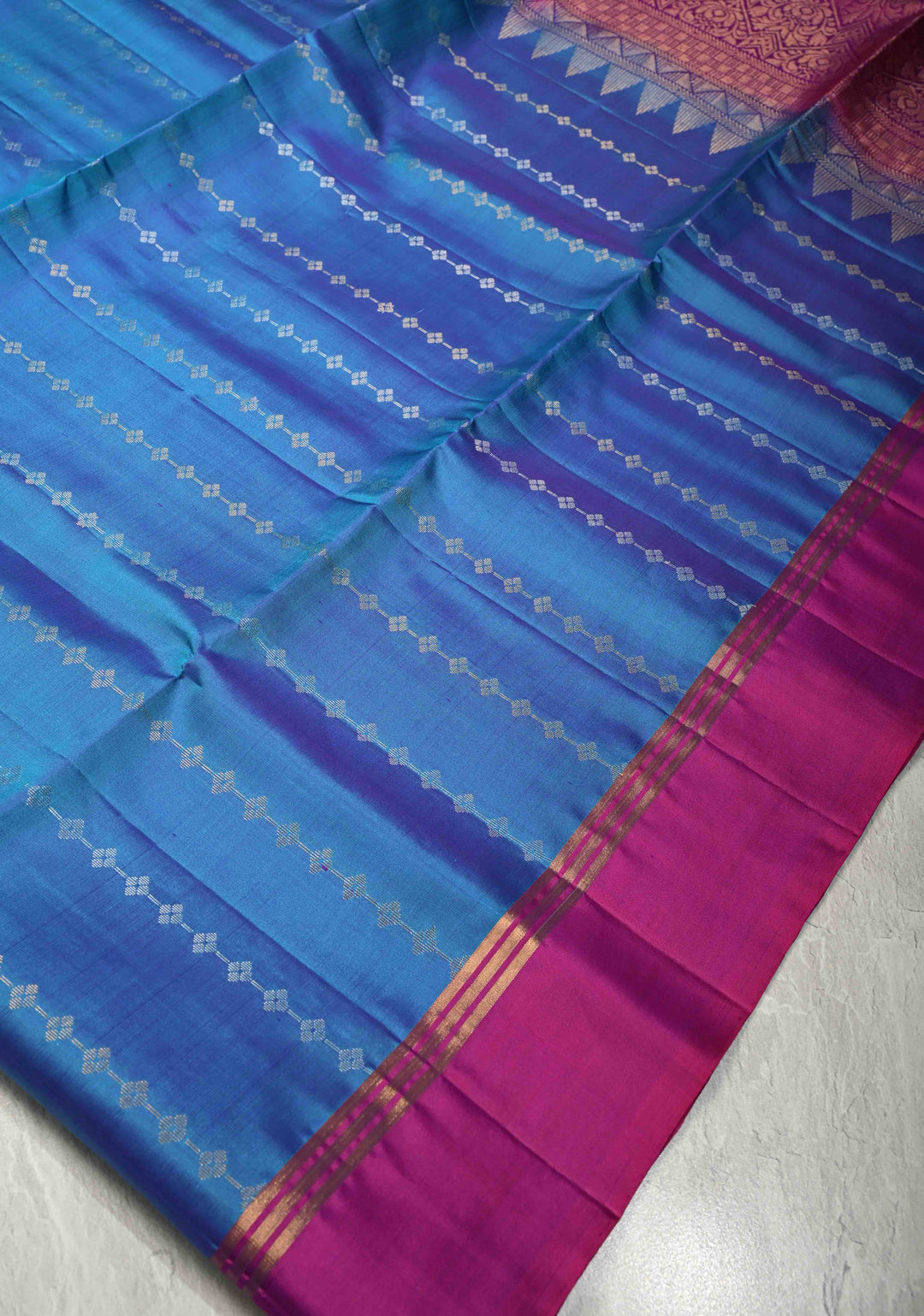 Aegean Blue Dual Tone Pure Kanjivaram Soft Silk Saree with Zari Stripes and Contrast Magenta Border | SILK MARK CERTIFIED