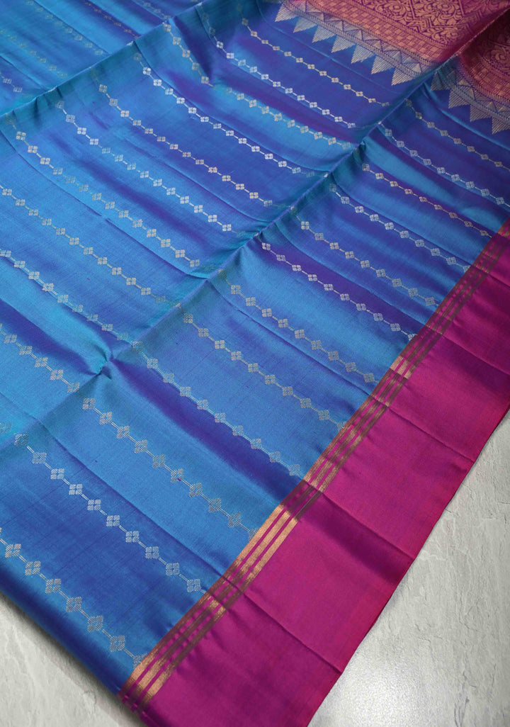 Aegean Blue Dual Tone Pure Kanjivaram Soft Silk Saree with Zari Stripes and Contrast Magenta Border | SILK MARK CERTIFIED