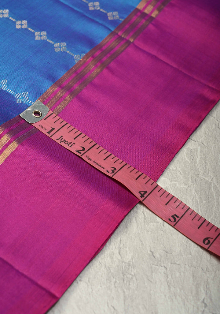 Aegean Blue Dual Tone Pure Kanjivaram Soft Silk Saree with Zari Stripes and Contrast Magenta Border | SILK MARK CERTIFIED