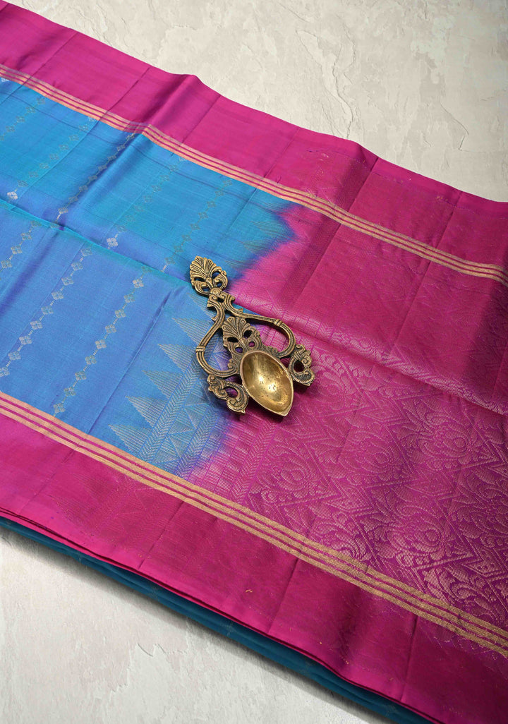 Aegean Blue Dual Tone Pure Kanjivaram Soft Silk Saree with Zari Stripes and Contrast Magenta Border | SILK MARK CERTIFIED