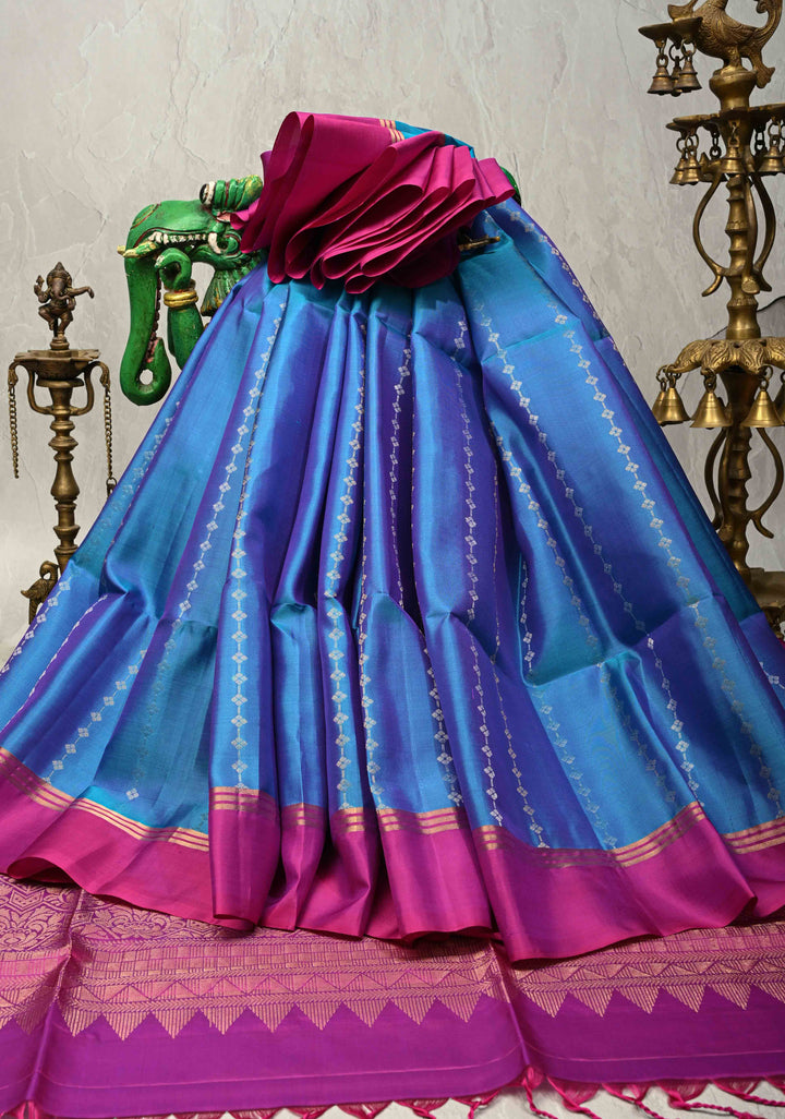 Aegean Blue Dual Tone Pure Kanjivaram Soft Silk Saree with Zari Stripes and Contrast Magenta Border | SILK MARK CERTIFIED