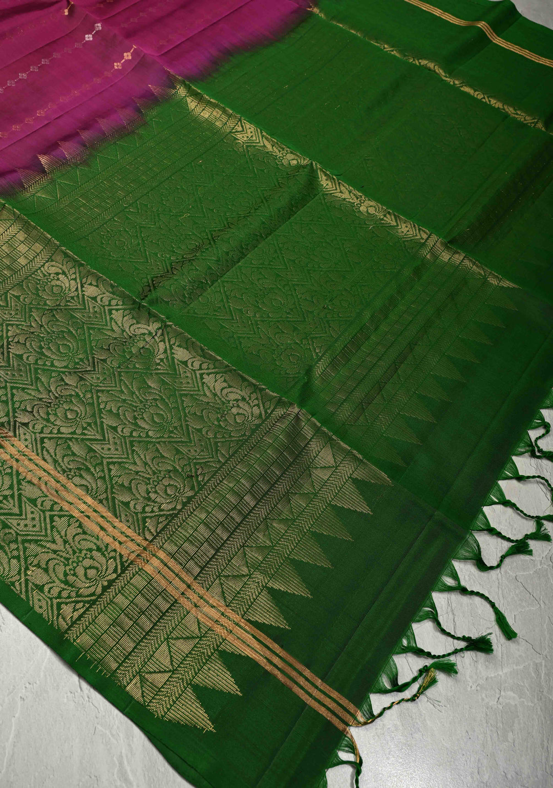 Vadamalli Purple Red Dual Tone Lightweight Pure Kanjivaram Soft Silk Saree with Gold Silver Stripes and Contrast Bottle Green Border | SILK MARK CERTIFIED