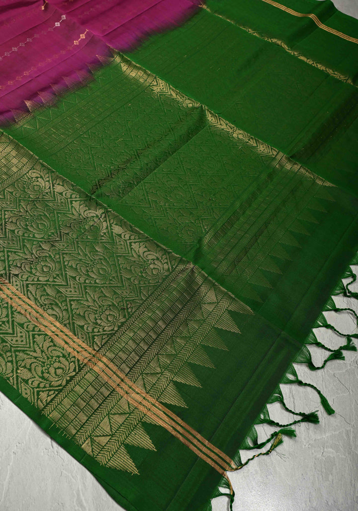 Vadamalli Purple Red Dual Tone Lightweight Pure Kanjivaram Soft Silk Saree with Gold Silver Stripes and Contrast Bottle Green Border | SILK MARK CERTIFIED