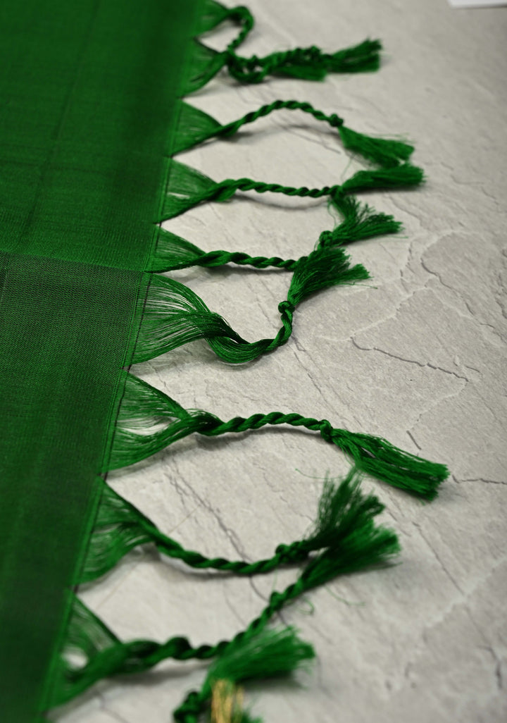 Vadamalli Purple Red Dual Tone Lightweight Pure Kanjivaram Soft Silk Saree with Gold Silver Stripes and Contrast Bottle Green Border | SILK MARK CERTIFIED