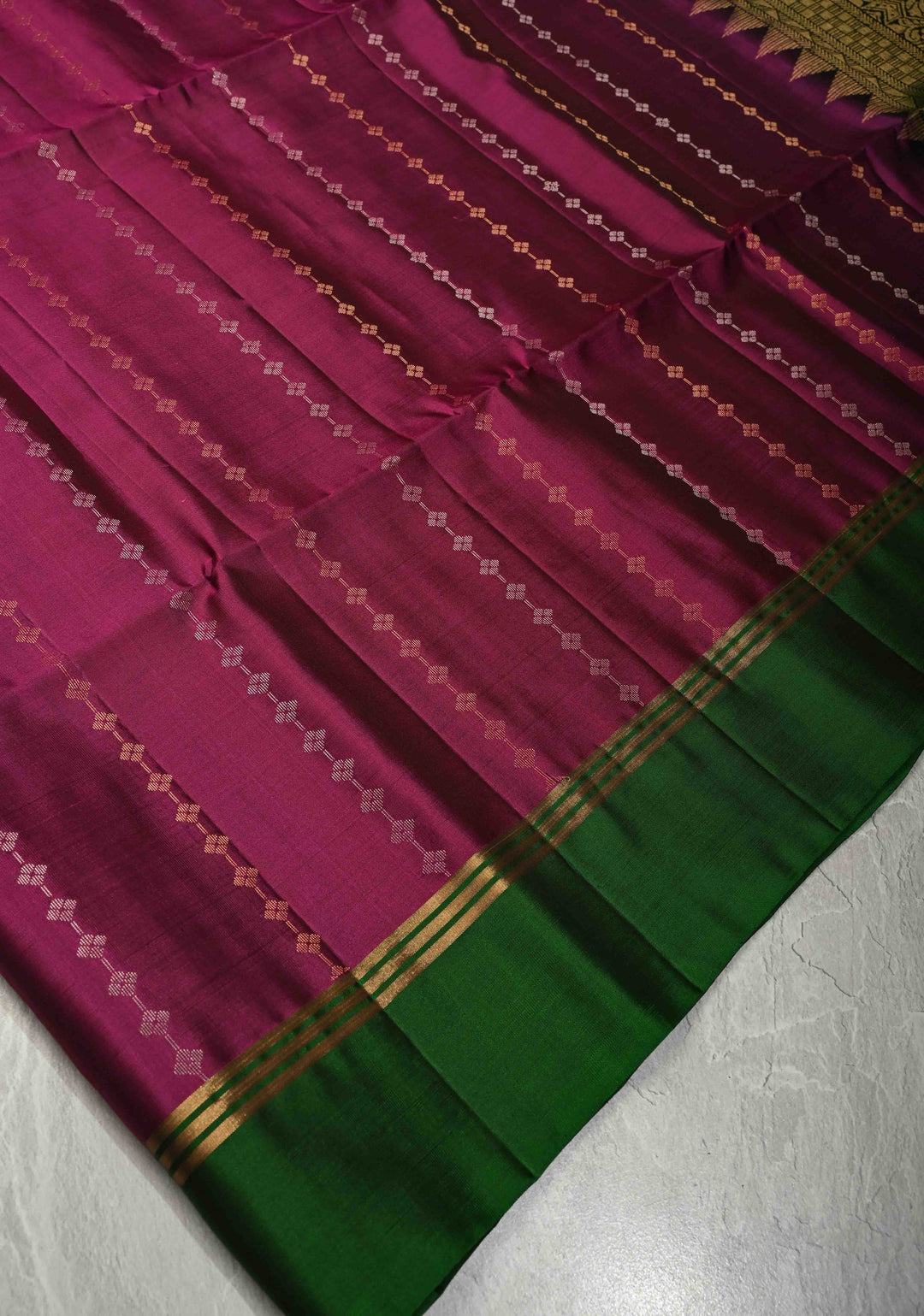 Vadamalli Purple Red Dual Tone Lightweight Pure Kanjivaram Soft Silk Saree with Gold Silver Stripes and Contrast Bottle Green Border | SILK MARK CERTIFIED