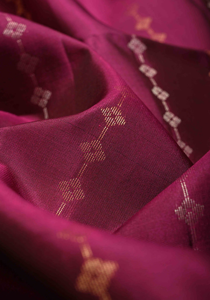 Vadamalli Purple Red Dual Tone Lightweight Pure Kanjivaram Soft Silk Saree with Gold Silver Stripes and Contrast Bottle Green Border | SILK MARK CERTIFIED