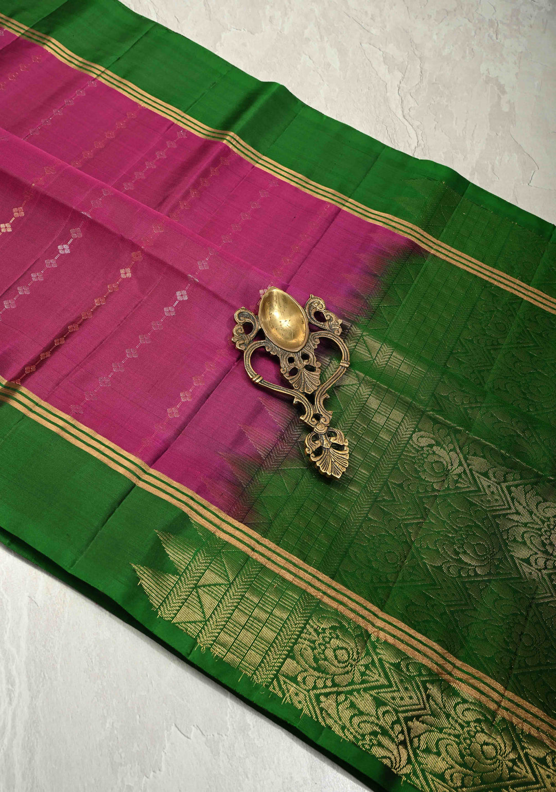 Vadamalli Purple Red Dual Tone Lightweight Pure Kanjivaram Soft Silk Saree with Gold Silver Stripes and Contrast Bottle Green Border | SILK MARK CERTIFIED