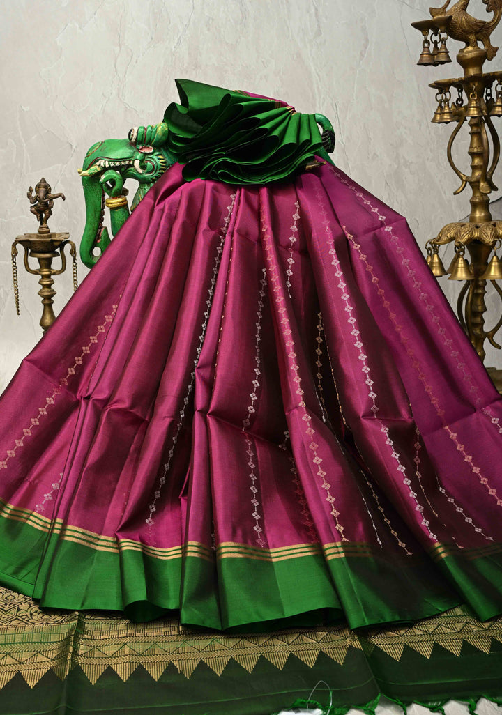 Vadamalli Purple Red Dual Tone Lightweight Pure Kanjivaram Soft Silk Saree with Gold Silver Stripes and Contrast Bottle Green Border | SILK MARK CERTIFIED