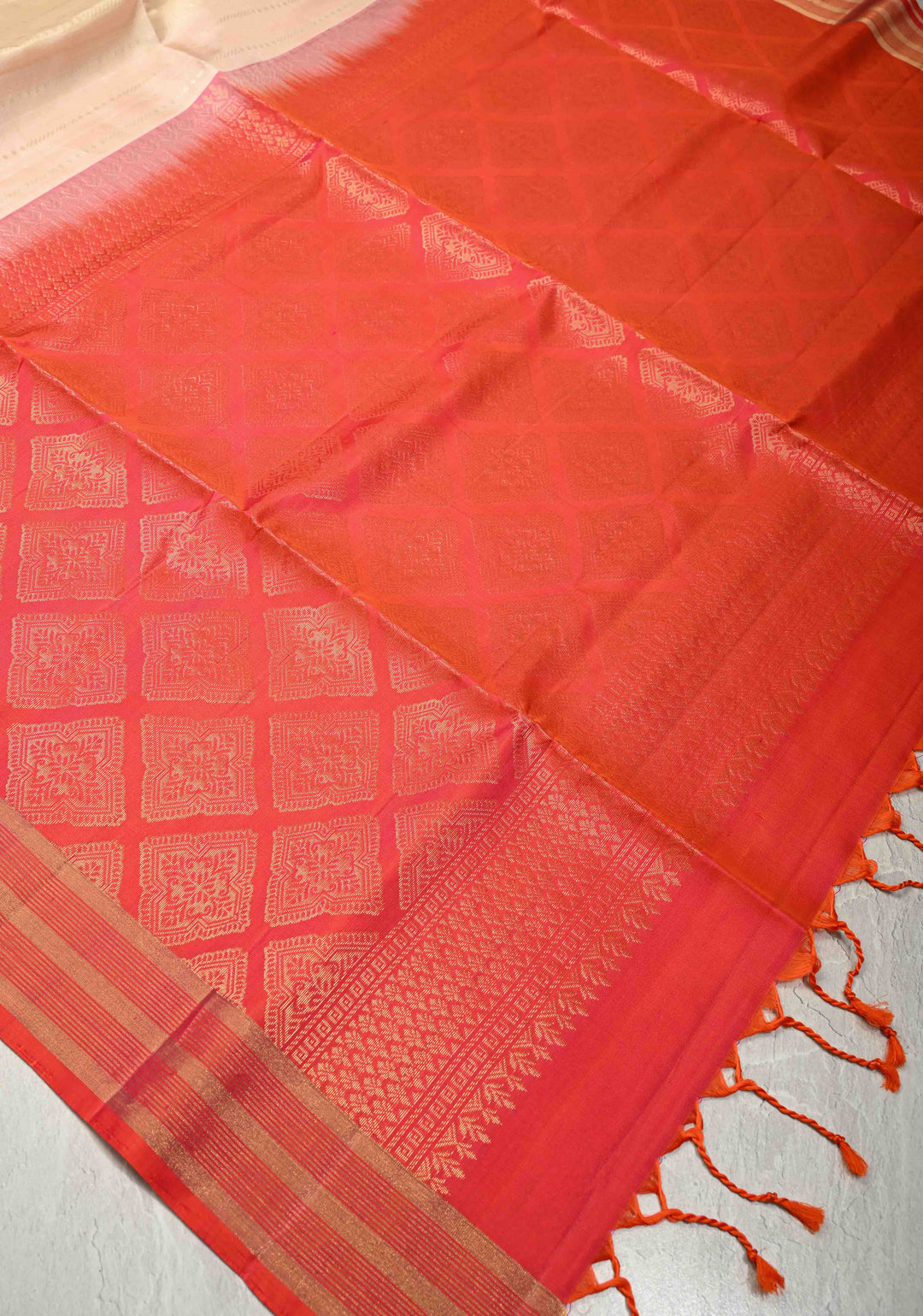 Ivory Pure Kanjivaram Soft Silk Saree with Gold Silver Zari Stripes and Contrast Orange Zari Border | SILK MARK CERTIFIED