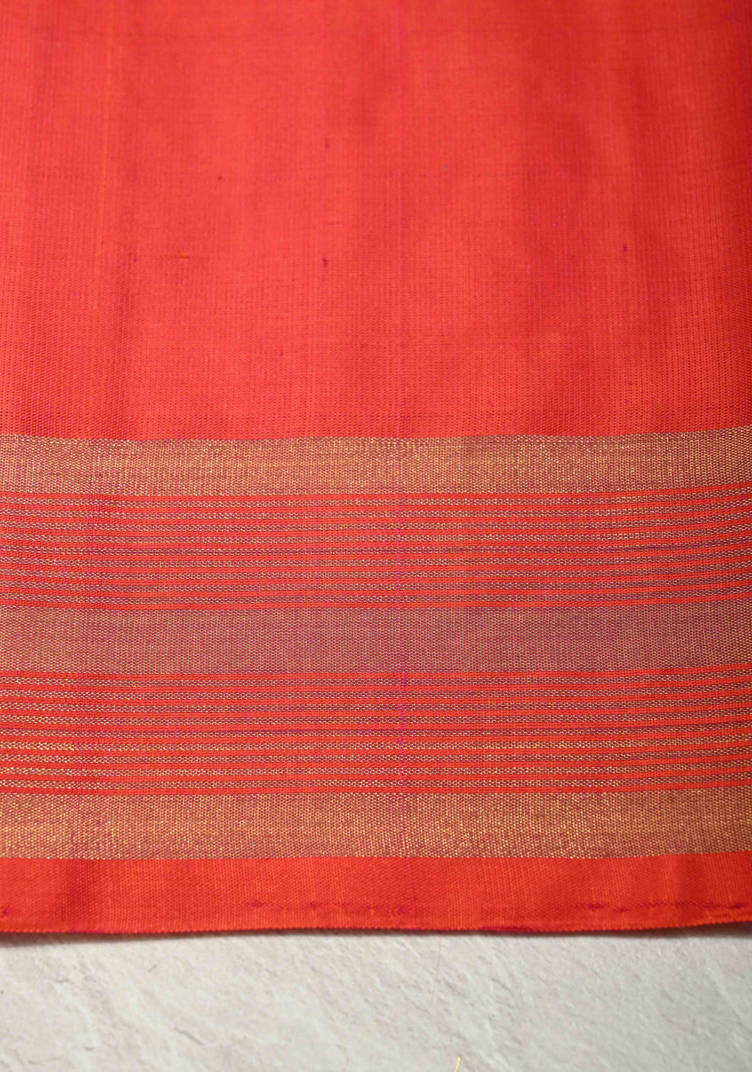 Ivory Pure Kanjivaram Soft Silk Saree with Gold Silver Zari Stripes and Contrast Orange Zari Border | SILK MARK CERTIFIED