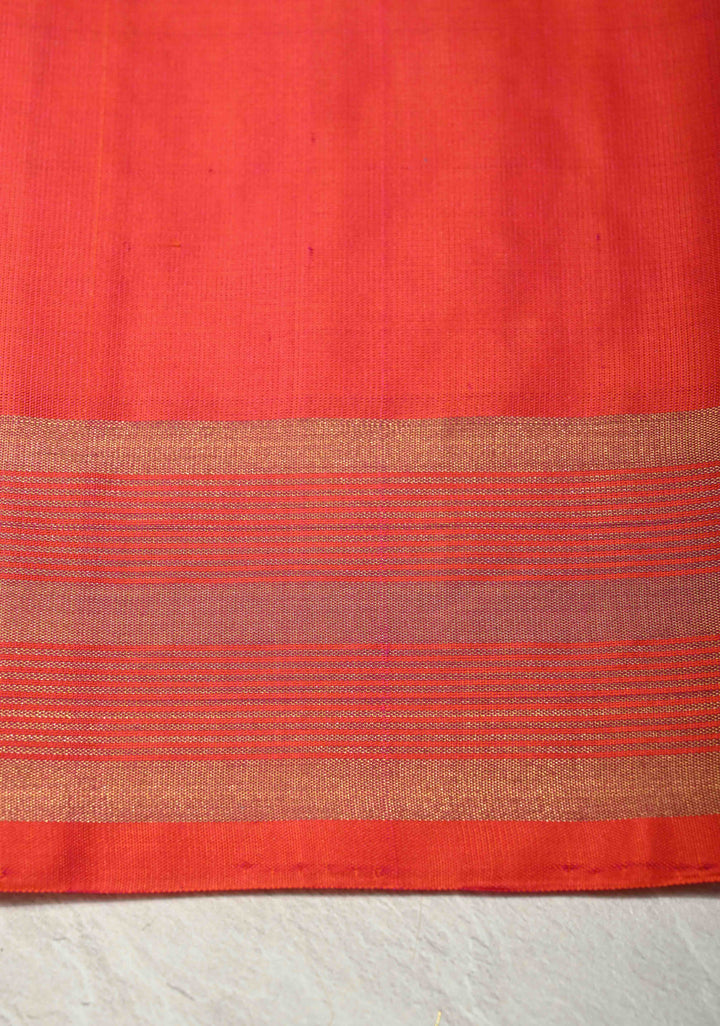 Ivory Pure Kanjivaram Soft Silk Saree with Gold Silver Zari Stripes and Contrast Orange Zari Border | SILK MARK CERTIFIED