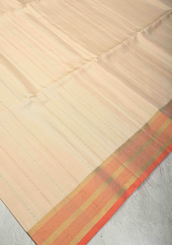Ivory Pure Kanjivaram Soft Silk Saree with Gold Silver Zari Stripes and Contrast Orange Zari Border | SILK MARK CERTIFIED