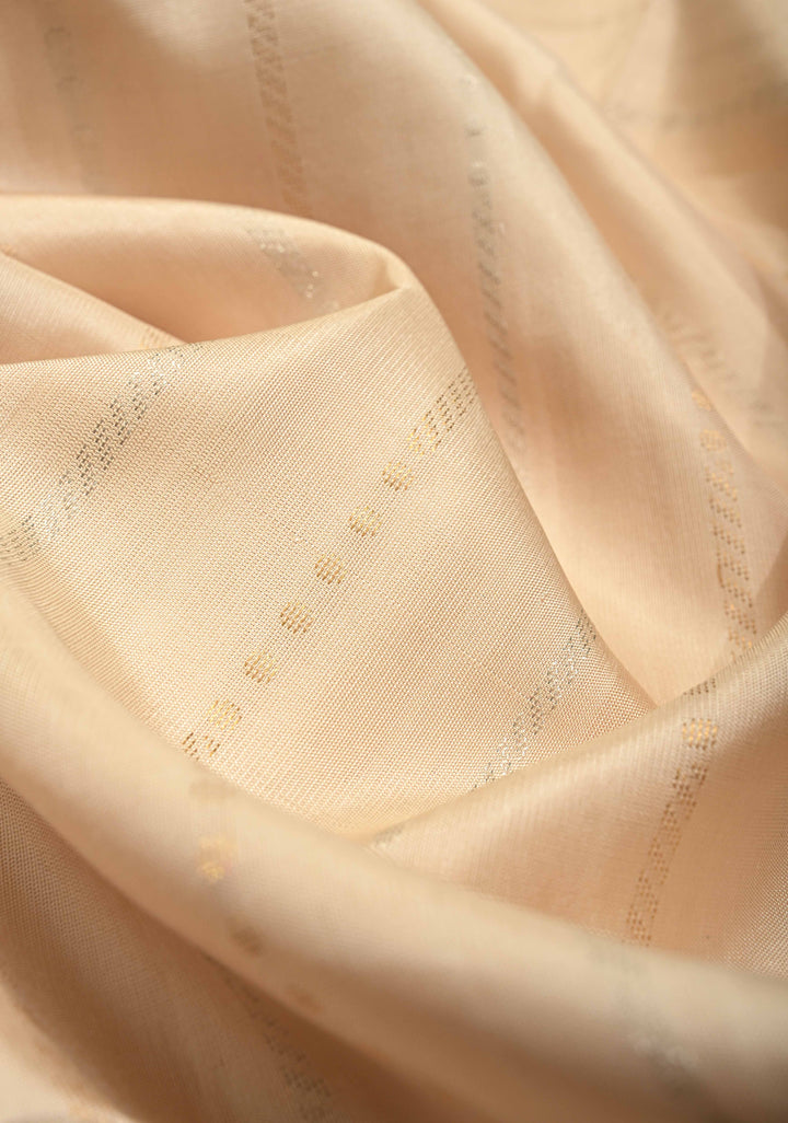 Ivory Pure Kanjivaram Soft Silk Saree with Gold Silver Zari Stripes and Contrast Orange Zari Border | SILK MARK CERTIFIED