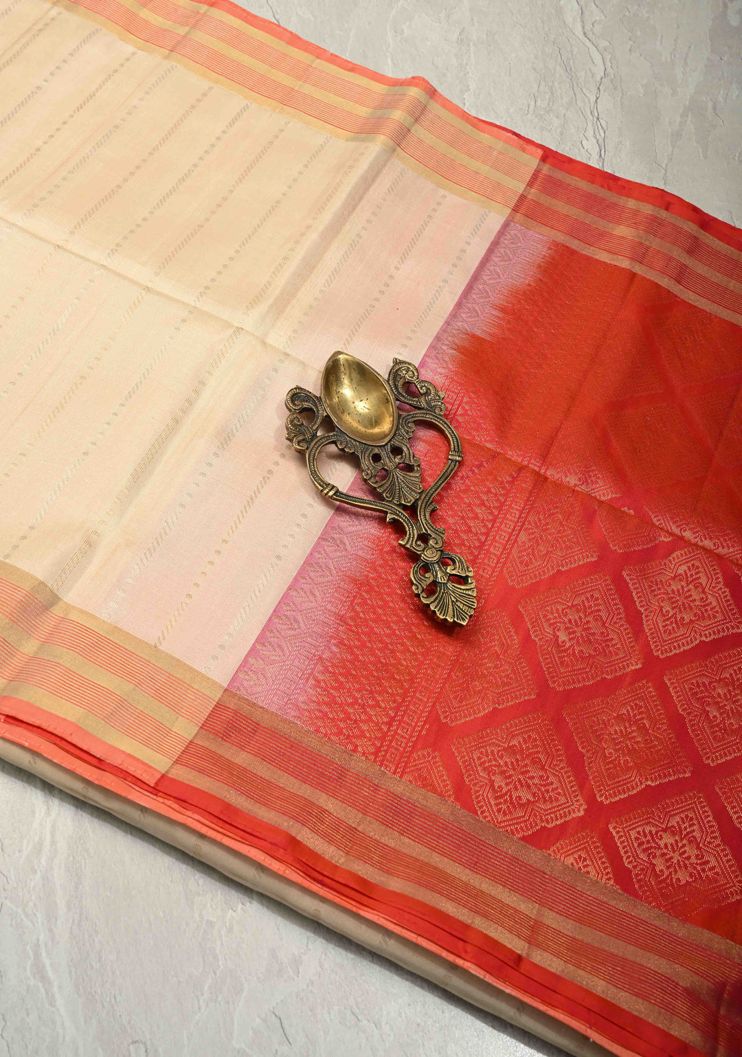 Ivory Pure Kanjivaram Soft Silk Saree with Gold Silver Zari Stripes and Contrast Orange Zari Border | SILK MARK CERTIFIED