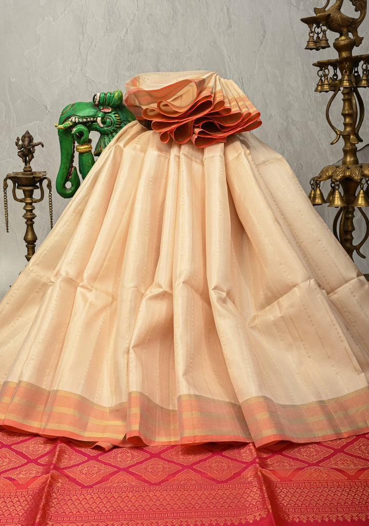 Ivory Pure Kanjivaram Soft Silk Saree with Gold Silver Zari Stripes and Contrast Orange Zari Border | SILK MARK CERTIFIED