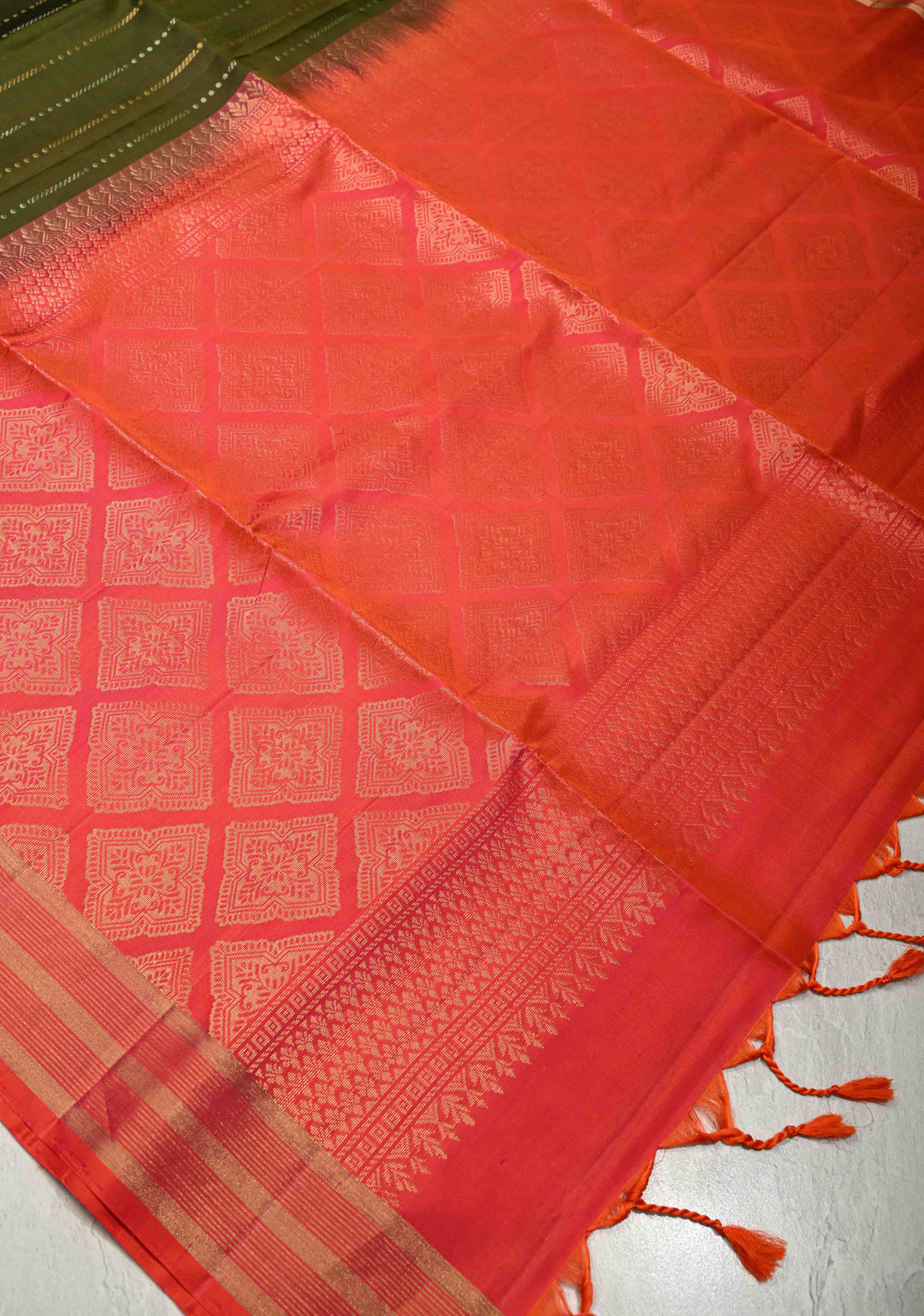 Olive Green Pure Kanjivaram Soft Silk Saree with Gold Silver Zari Stripes and Contrast Zari Border | SILK MARK CERTIFIED