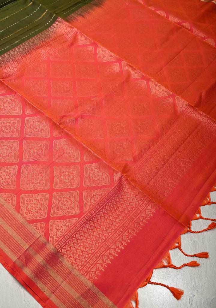 Olive Green Pure Kanjivaram Soft Silk Saree with Gold Silver Zari Stripes and Contrast Zari Border | SILK MARK CERTIFIED