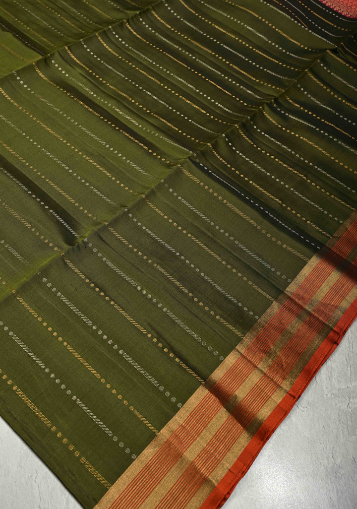 Olive Green Pure Kanjivaram Soft Silk Saree with Gold Silver Zari Stripes and Contrast Zari Border | SILK MARK CERTIFIED