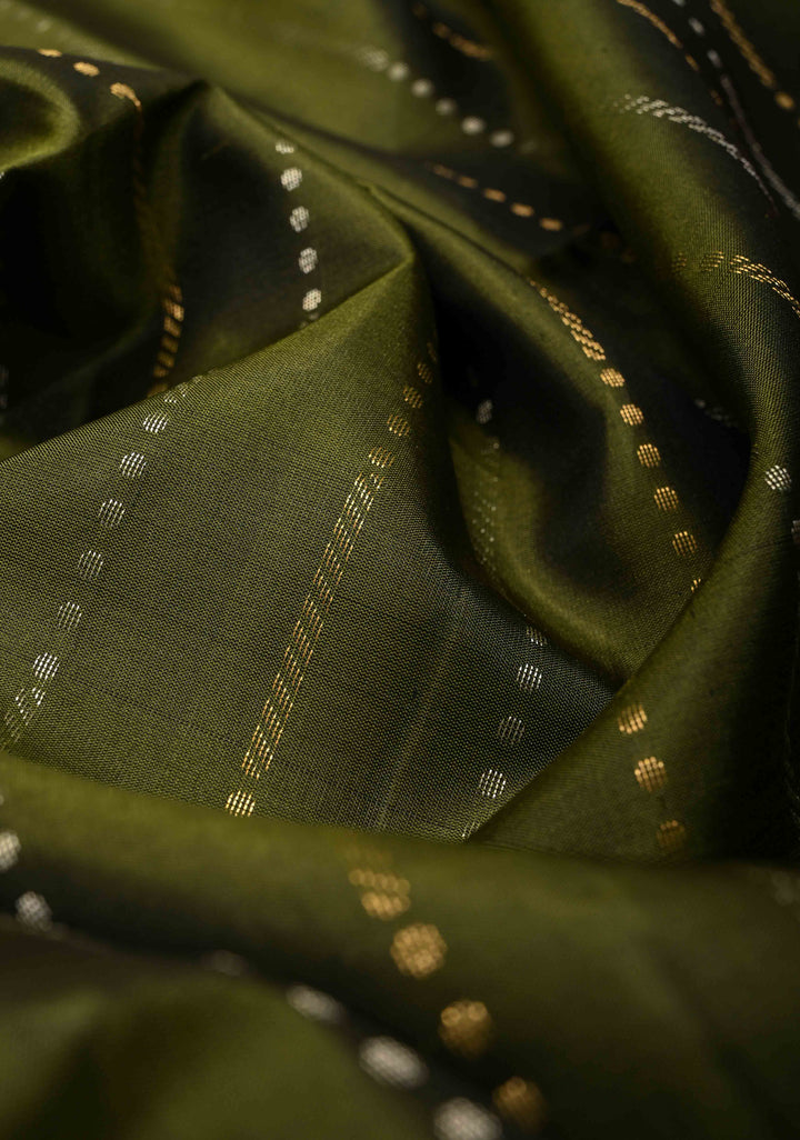 Olive Green Pure Kanjivaram Soft Silk Saree with Gold Silver Zari Stripes and Contrast Zari Border | SILK MARK CERTIFIED