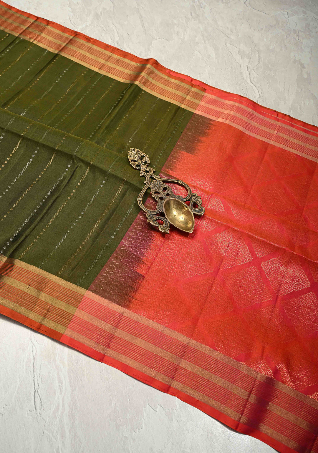 Olive Green Pure Kanjivaram Soft Silk Saree with Gold Silver Zari Stripes and Contrast Zari Border | SILK MARK CERTIFIED