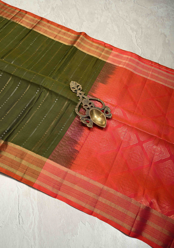 Olive Green Pure Kanjivaram Soft Silk Saree with Gold Silver Zari Stripes and Contrast Zari Border | SILK MARK CERTIFIED