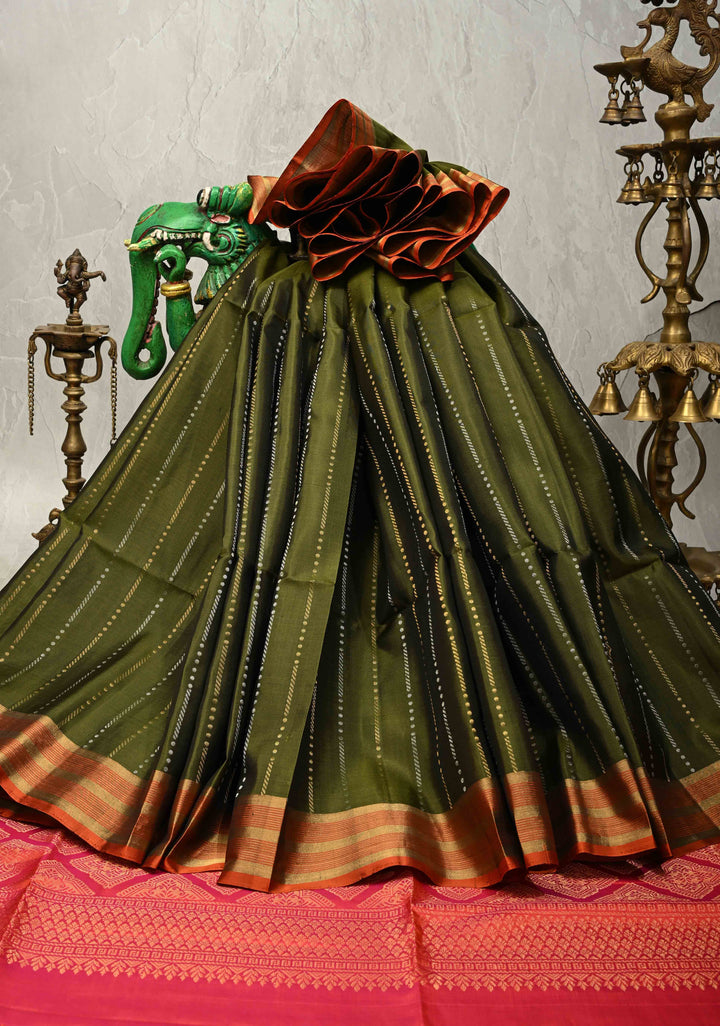 Olive Green Pure Kanjivaram Soft Silk Saree with Gold Silver Zari Stripes and Contrast Zari Border | SILK MARK CERTIFIED