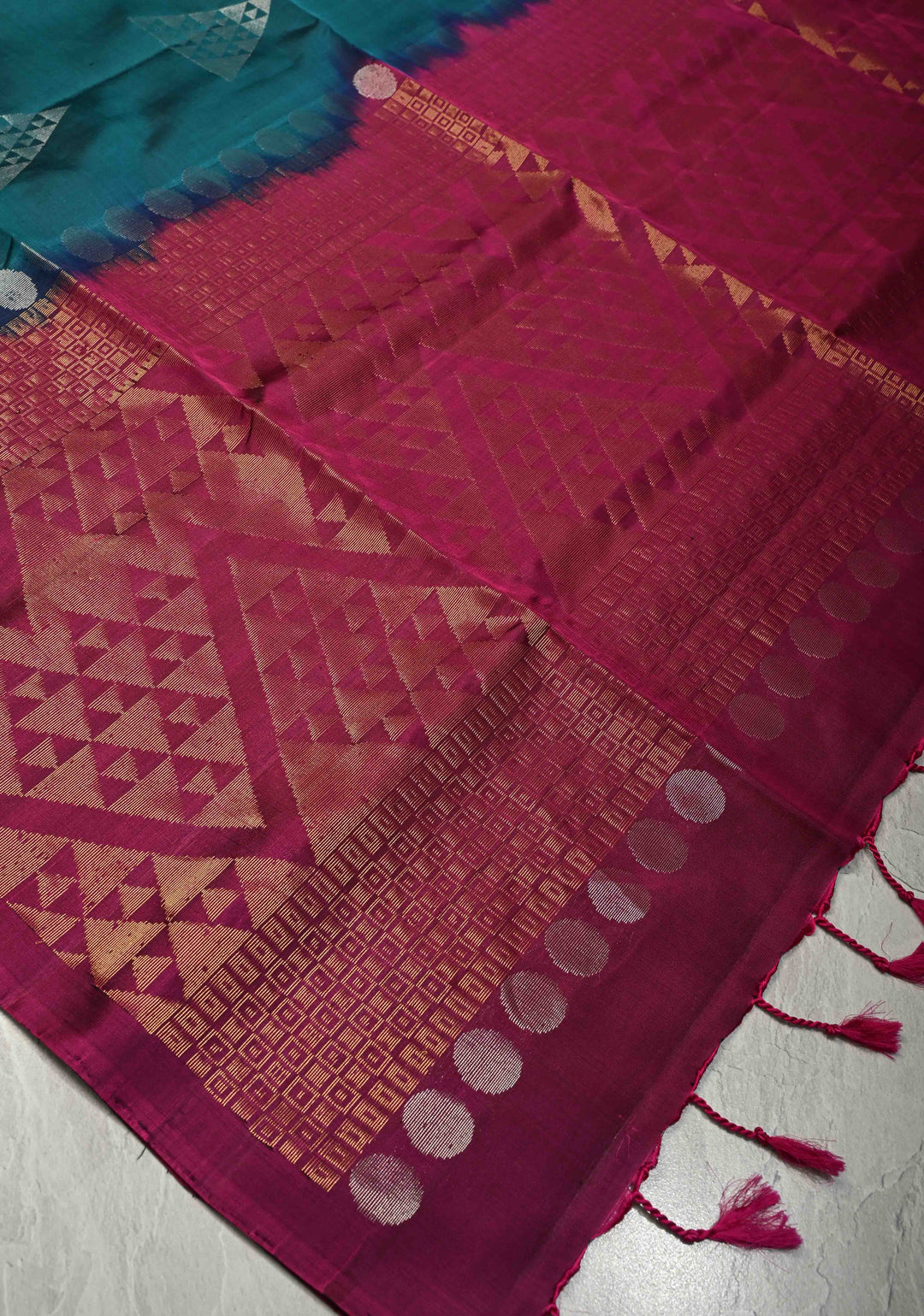 Teal Pure Kanjivaram Soft Silk Saree with Gold Silver Geomatric Buttas and Contrast Border | SILK MARK CERTIFIED