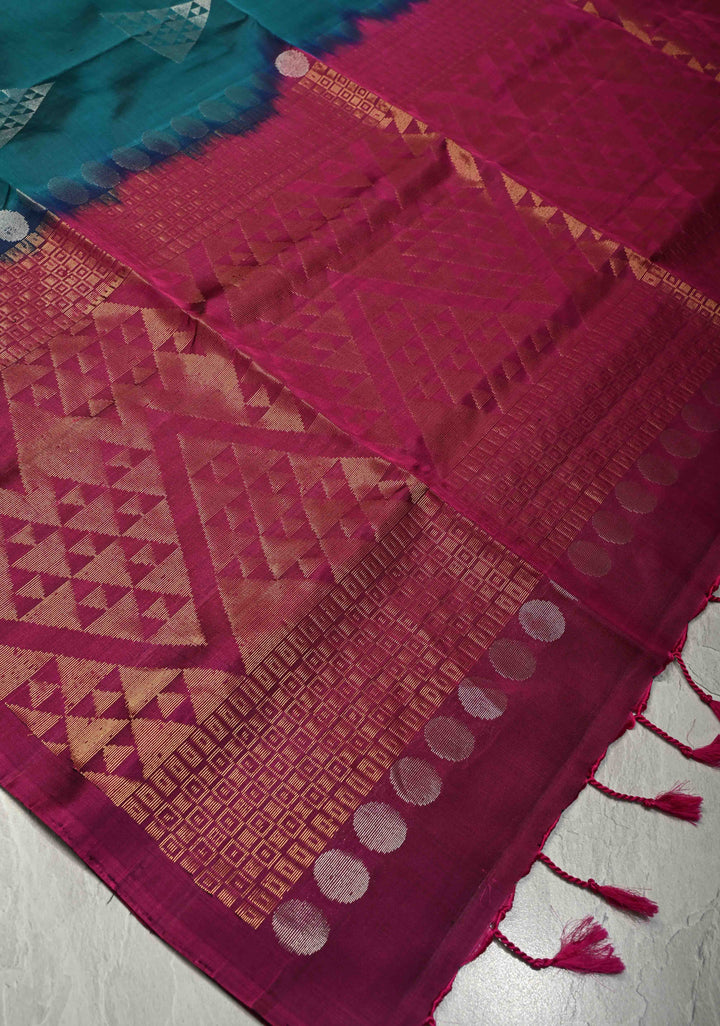 Teal Pure Kanjivaram Soft Silk Saree with Gold Silver Geomatric Buttas and Contrast Border | SILK MARK CERTIFIED