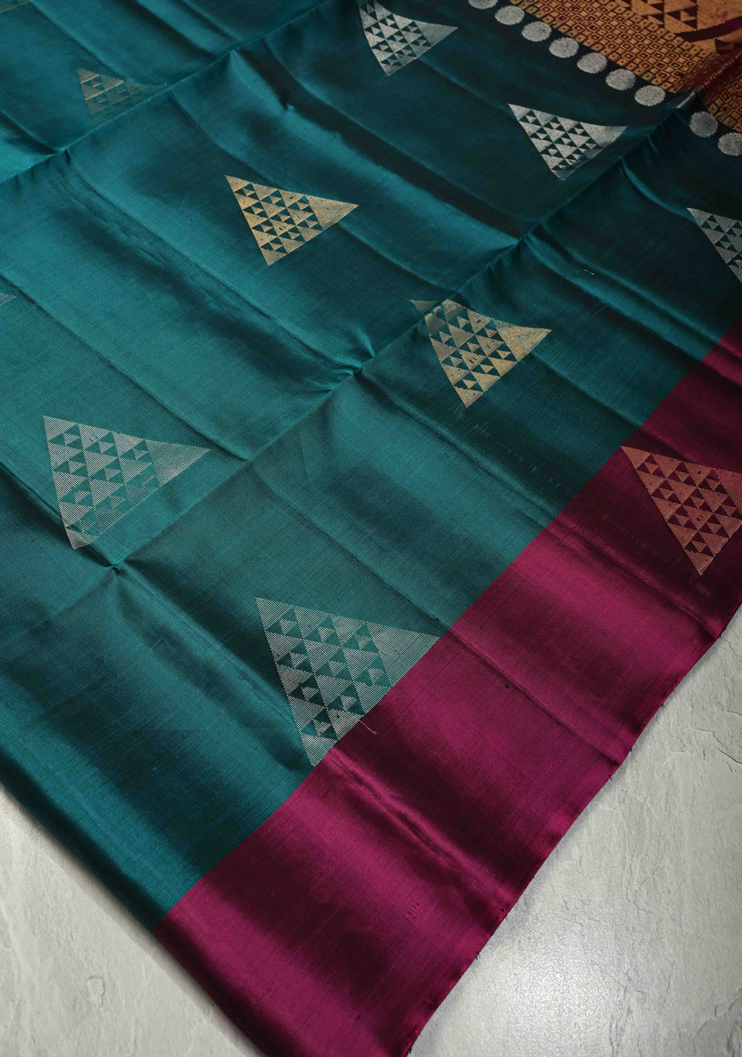 Teal Pure Kanjivaram Soft Silk Saree with Gold Silver Geomatric Buttas and Contrast Border | SILK MARK CERTIFIED