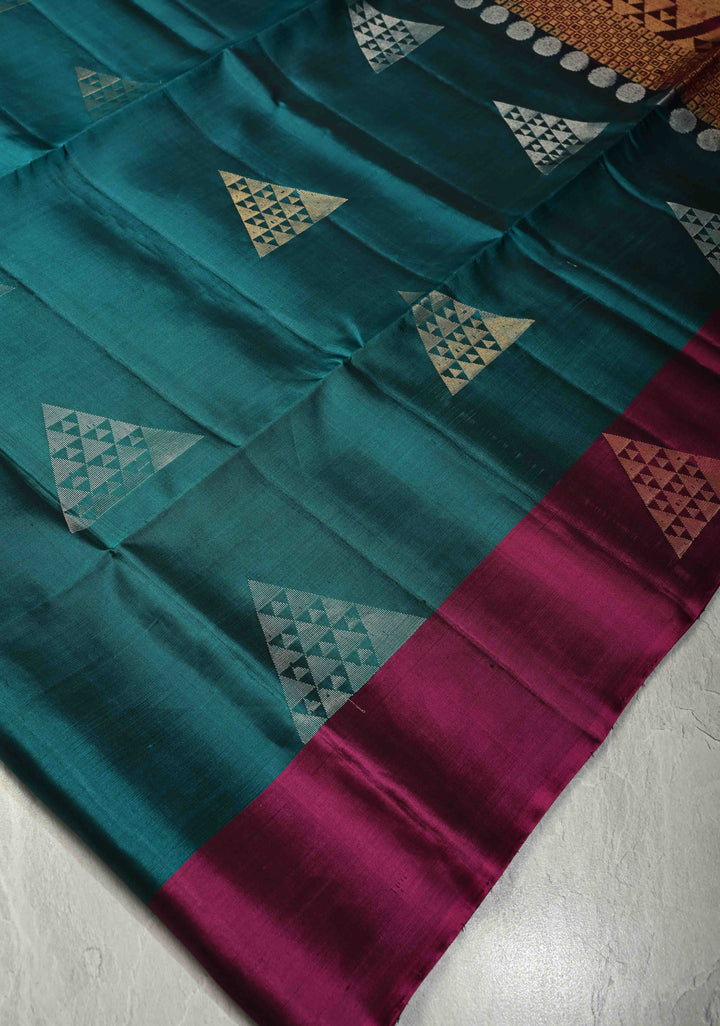 Teal Pure Kanjivaram Soft Silk Saree with Gold Silver Geomatric Buttas and Contrast Border | SILK MARK CERTIFIED