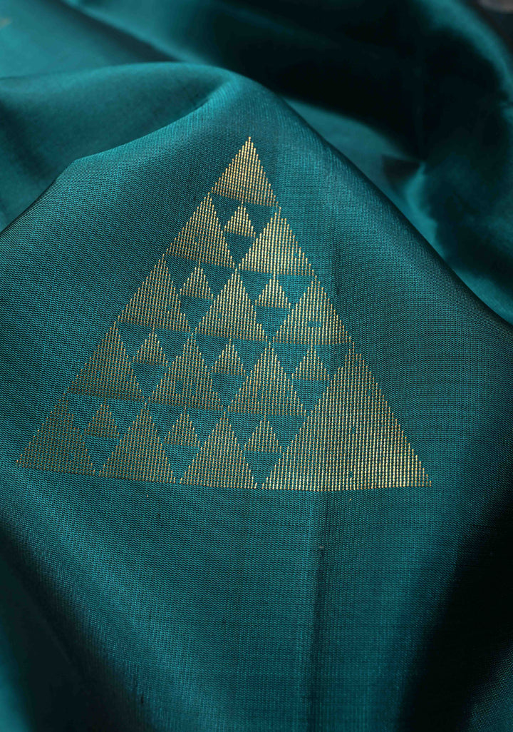Teal Pure Kanjivaram Soft Silk Saree with Gold Silver Geomatric Buttas and Contrast Border | SILK MARK CERTIFIED