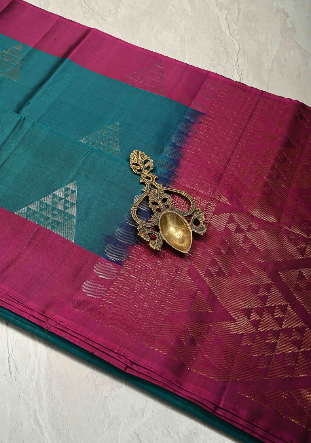 Teal Pure Kanjivaram Soft Silk Saree with Gold Silver Geomatric Buttas and Contrast Border | SILK MARK CERTIFIED