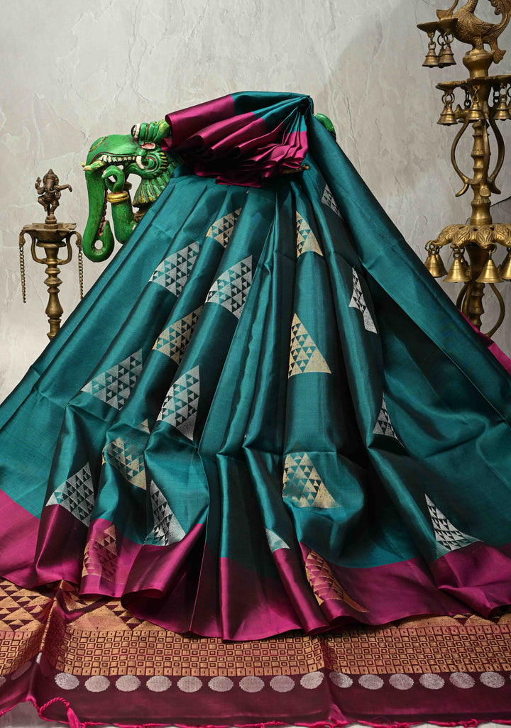 Teal Pure Kanjivaram Soft Silk Saree with Gold Silver Geomatric Buttas and Contrast Border | SILK MARK CERTIFIED