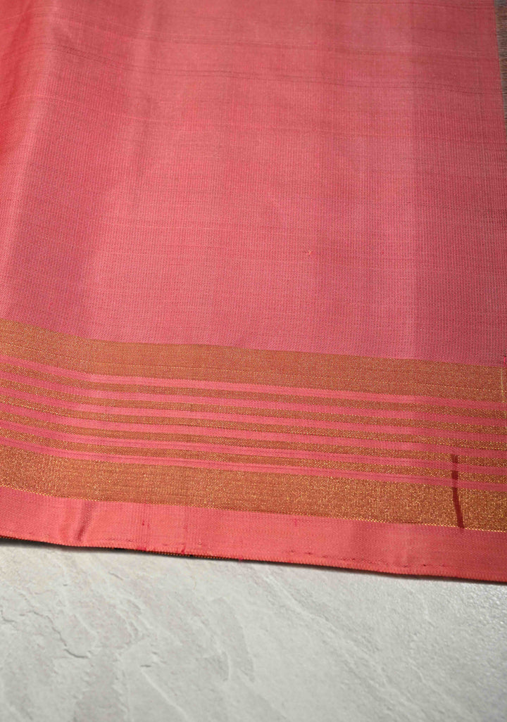 Beetlenut Dual Tone Pure Kanjivaram Soft Silk Saree with Gold-Silver Zari Stripes and Contrast Peach Minimal Zari Border | SILK MARK CERTIFIED