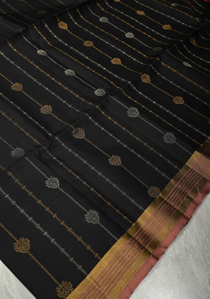 Beetlenut Dual Tone Pure Kanjivaram Soft Silk Saree with Gold-Silver Zari Stripes and Contrast Peach Minimal Zari Border | SILK MARK CERTIFIED