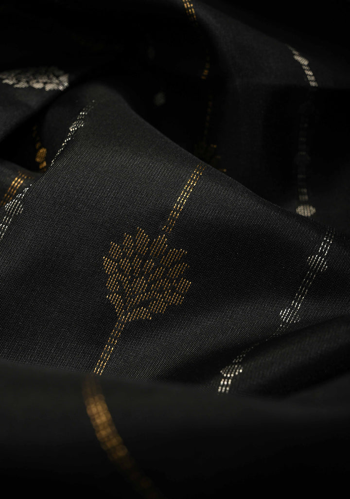 Beetlenut Dual Tone Pure Kanjivaram Soft Silk Saree with Gold-Silver Zari Stripes and Contrast Peach Minimal Zari Border | SILK MARK CERTIFIED