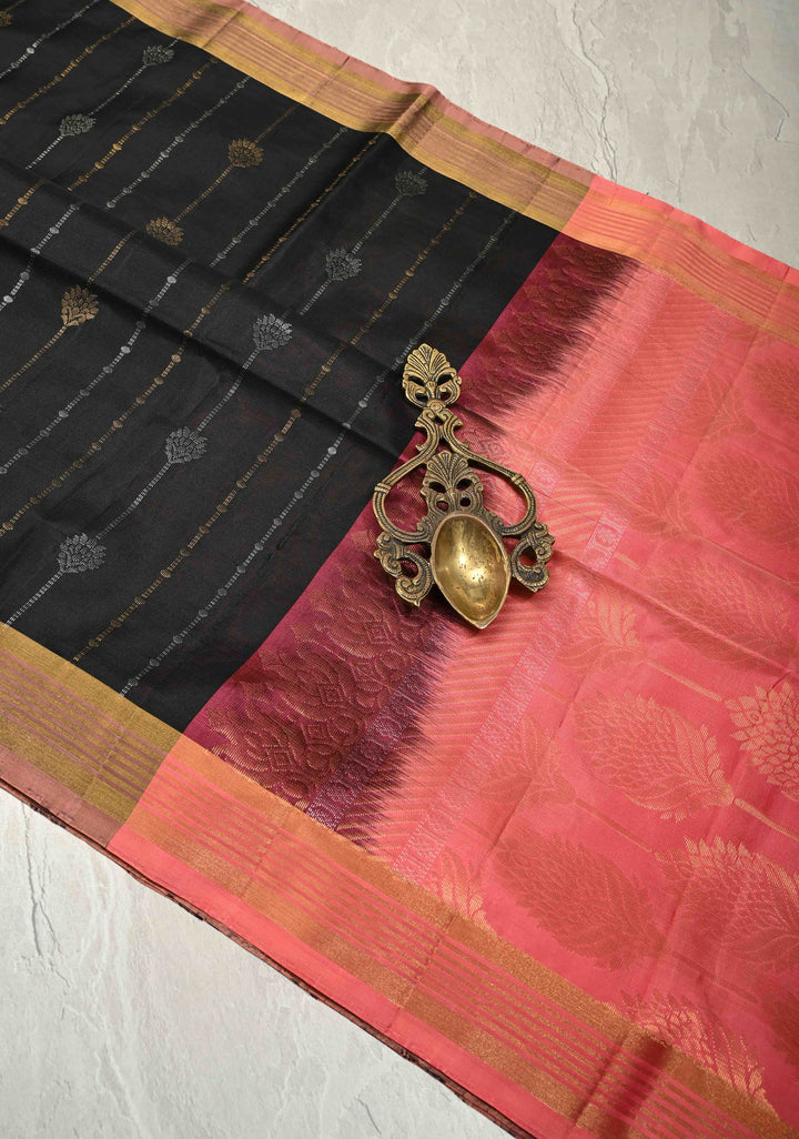Beetlenut Dual Tone Pure Kanjivaram Soft Silk Saree with Gold-Silver Zari Stripes and Contrast Peach Minimal Zari Border | SILK MARK CERTIFIED