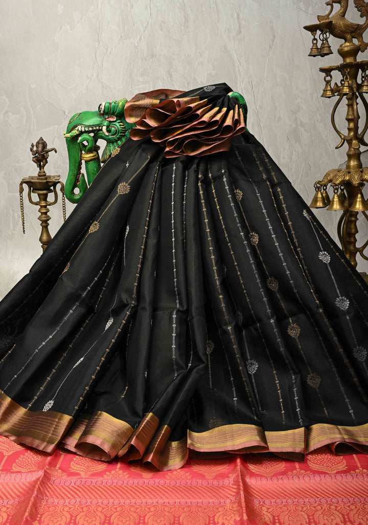 Beetlenut Dual Tone Pure Kanjivaram Soft Silk Saree with Gold-Silver Zari Stripes and Contrast Peach Minimal Zari Border | SILK MARK CERTIFIED