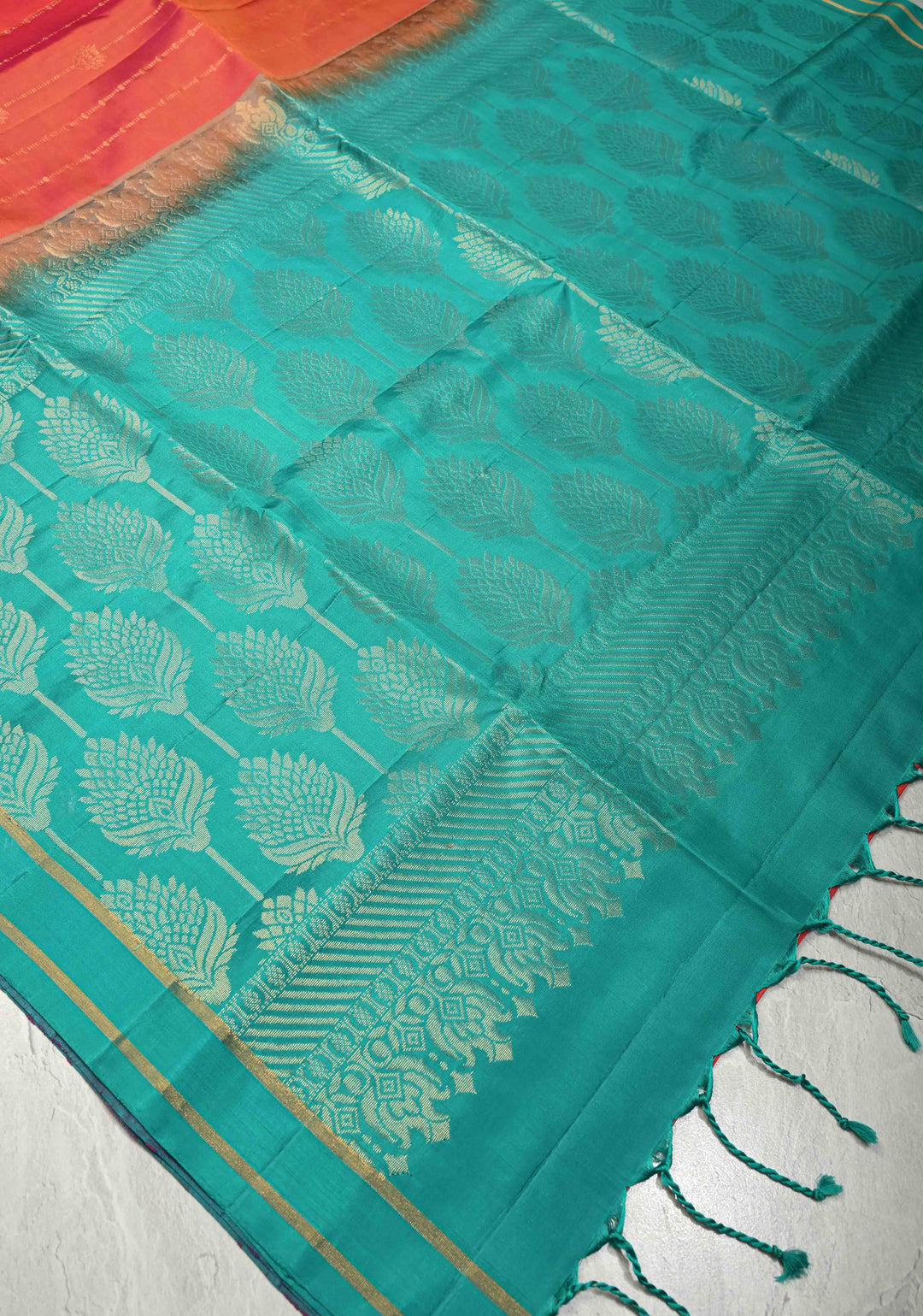 Orange-Pink Dual Tone Lightweight Pure Kanjivaram Soft Silk Saree with Zari Stripes and Contrast Blue Minimal Border | SILK MARK CERTIFIED