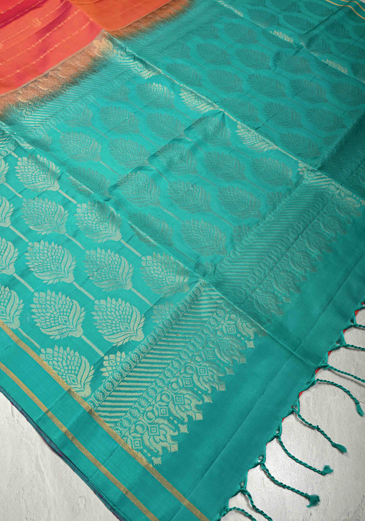 Orange-Pink Dual Tone Lightweight Pure Kanjivaram Soft Silk Saree with Zari Stripes and Contrast Blue Minimal Border | SILK MARK CERTIFIED