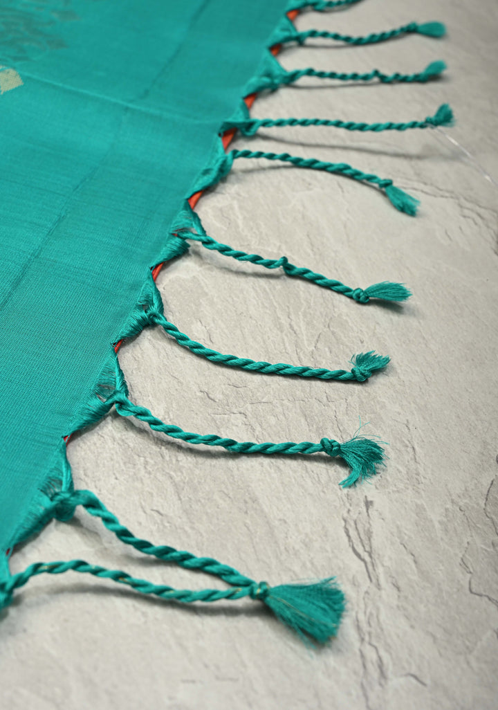 Orange-Pink Dual Tone Lightweight Pure Kanjivaram Soft Silk Saree with Zari Stripes and Contrast Blue Minimal Border | SILK MARK CERTIFIED