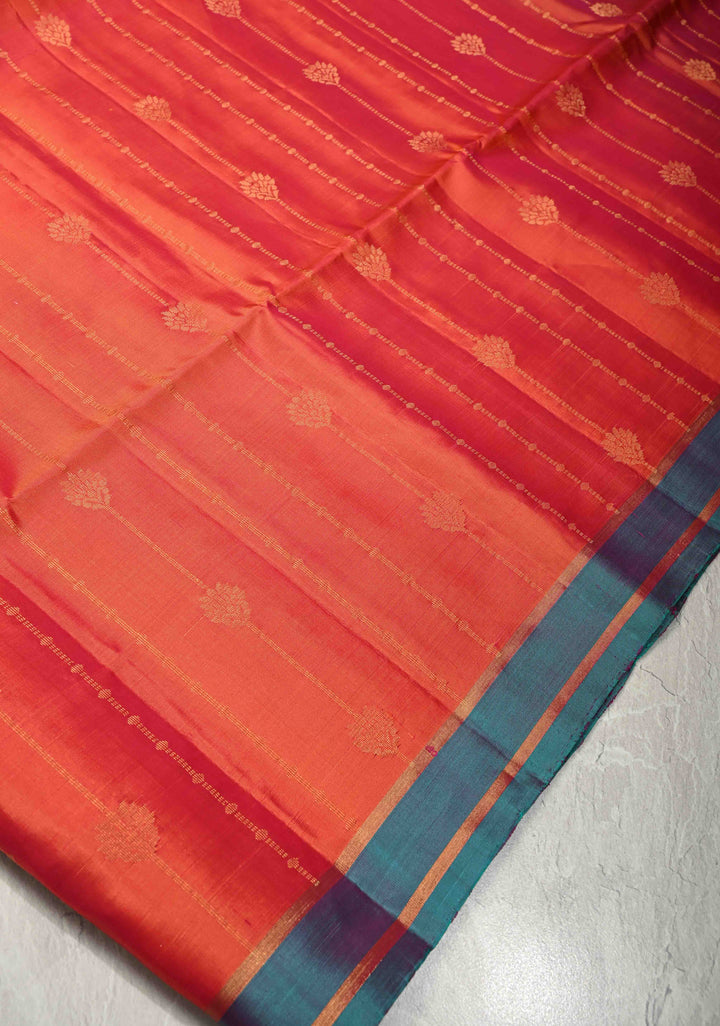 Orange-Pink Dual Tone Lightweight Pure Kanjivaram Soft Silk Saree with Zari Stripes and Contrast Blue Minimal Border | SILK MARK CERTIFIED