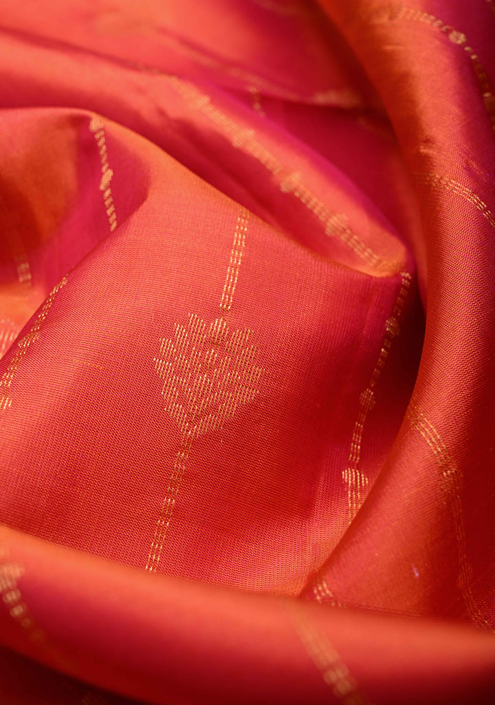 Orange-Pink Dual Tone Lightweight Pure Kanjivaram Soft Silk Saree with Zari Stripes and Contrast Blue Minimal Border | SILK MARK CERTIFIED